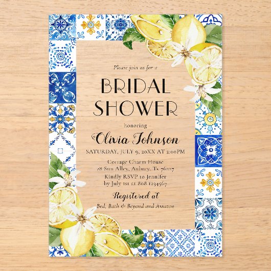 Modern Blue Tile Lemon Italienisches Brautparty Acryleinladungen (Vorderseite)