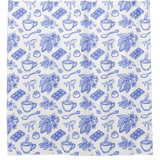 Modern Blue Toile Cacao and Chocolate Pattern Duschvorhang (Vorderseite)