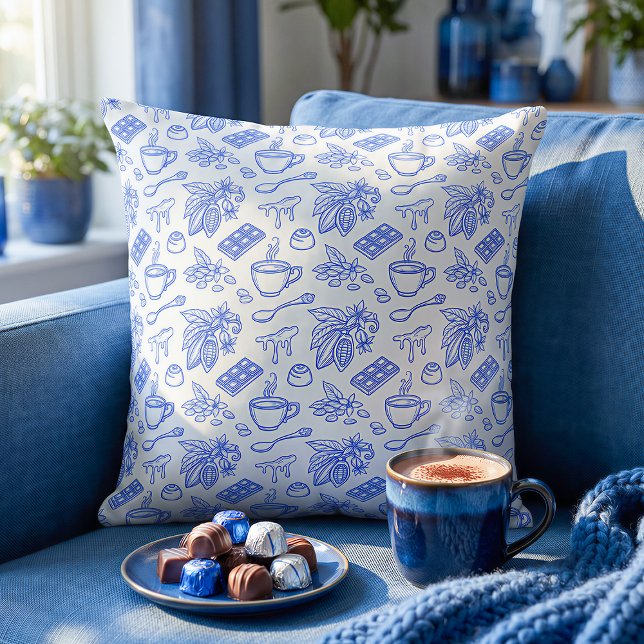 Modern Blue Toile Cacao and Chocolate Pattern Kissen (Von Creator hochgeladen)