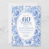 Modern Blue Toile Roses 60th Birthday Invite Digit Einladung (Vorderseite)