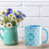 Modern Blue Trellis Print White Text Tasse