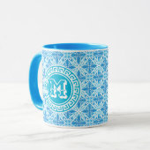 Modern Blue Trellis Print White Text Tasse (Vorderseite Links)