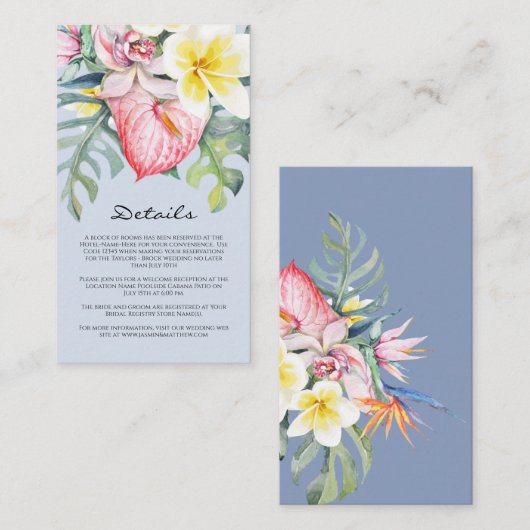 Modern Blue Tropical Floral Hawaii Wedding Begleitkarte (Vorne/Hinten)
