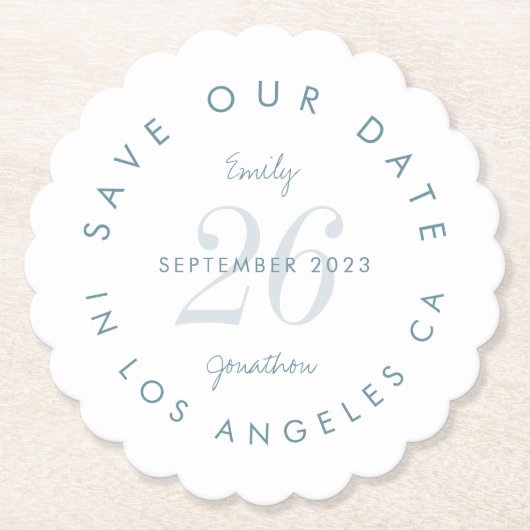 Modern Blue Typografy Save the Date Untersetzer (Vorderseite)