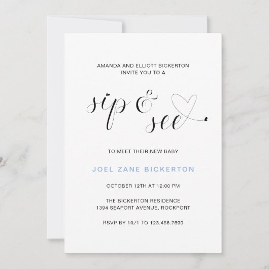 Modern Blue Typography Boy Sip and See Einladung (Vorderseite)