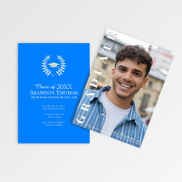 Modern Blue Vertical Name Graduation Photo Card Einladung