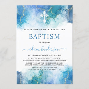 Modern Blue Watercolor Boy Taufe Einladung