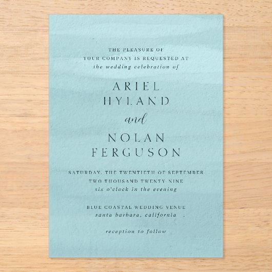 Modern Blue Watercolor Elegante Hochzeit Acryleinladungen (Vorderseite)