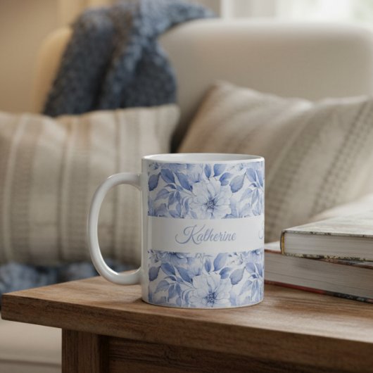 Modern Blue Watercolor Floral Pattern Name Kaffeetasse