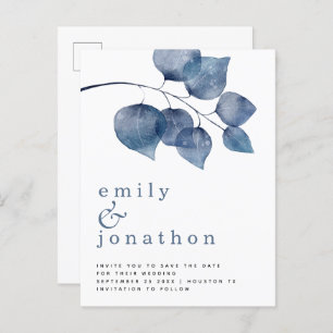 Modern Blue Watercolor Foliage Wedding Rett Date Ankündigungspostkarte
