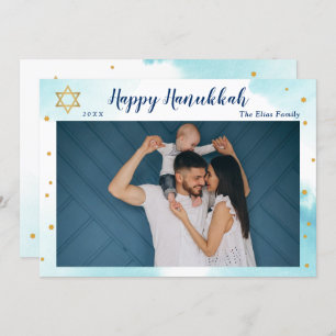 Modern Blue Watercolor Gold Happy Hanukkah Foto Feiertagskarte