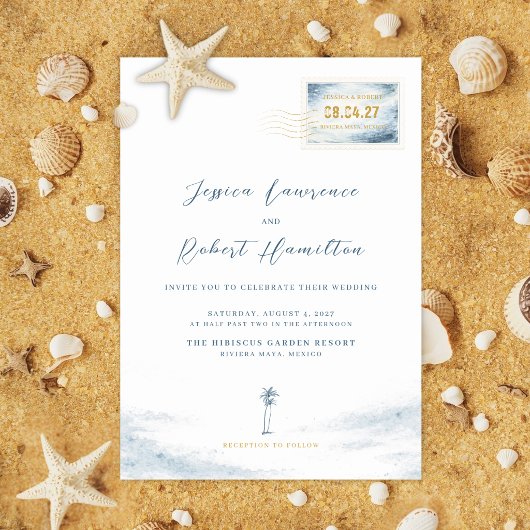 Modern Blue Watercolor Stamp Wedding Invitation Einladung