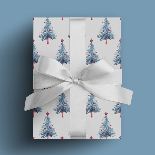 Modern Blue Watercolor Weihnachtsbaummuster Geschenkpapier