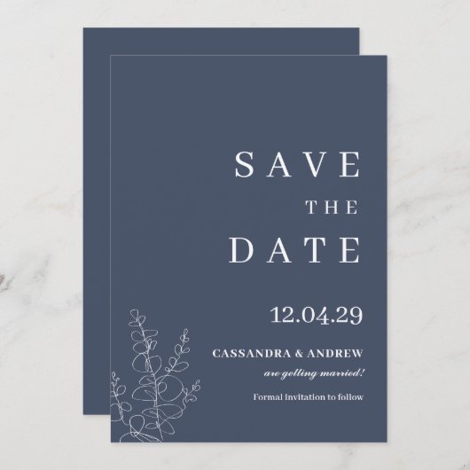 Modern Blue Wedding Botcanical Save the Date Einladung (Vorne/Hinten)