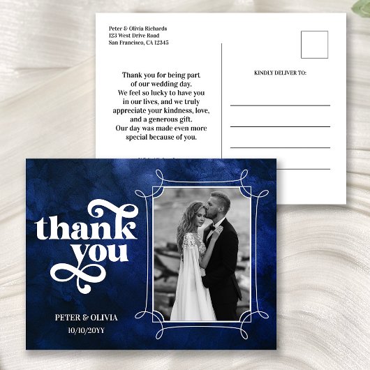 Modern Blue Wedding Thank You Photo Postkarte