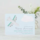 Modern Blue & White Airplane Baby Boy Birth Ankündigung (Stehend Vorderseite)