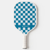 Modern Blue & White Checkerboard Custom Name  Pickleball Schläger (Rückseite)
