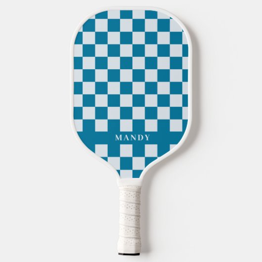 Modern Blue & White Checkerboard Custom Name Pickleball Schläger (Rückseite)