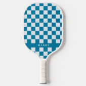Modern Blue & White Checkerboard Custom Name  Pickleball Schläger (Vorderseite)