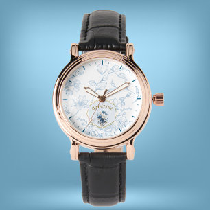 Modern Blue White Floral Individuelle Name Armbanduhr