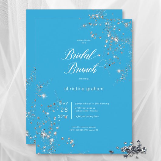 Modern Blue & White Glam Diamonds Bridal Brunch Einladung