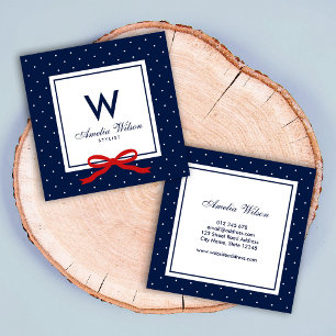 Modern Blue White Polka Dot Red Ribbon Monogram Quadratische Visitenkarte