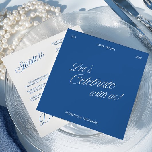 Modern Blue & White Script Wedding Menu Card Einladung