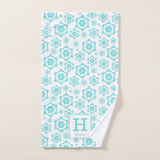 Modern Blue White Snowflake Muster Monogram Badhandtuch Set (Handtuch)