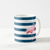Modern Blue White Strip Pink Flamingo Individuelle Kaffeetasse (VorderseiteRechts)