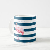 Modern Blue White Strip Pink Flamingo Individuelle Kaffeetasse (Vorderseite Links)