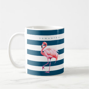 Modern Blue White Strip Pink Flamingo Individuelle Kaffeetasse