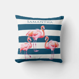 Modern Blue White Strip Pink Flamingo Individuelle Kissen