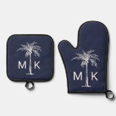 Modern Blue White Tropical Palm Tree Monogram Ofenhandschuh & Topflappen-Set (Vorderseite)