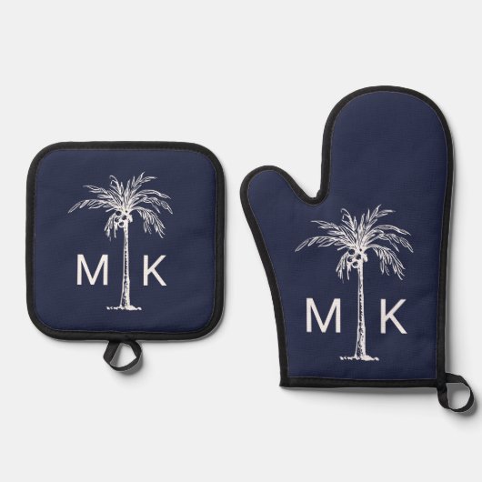 Modern Blue White Tropical Palm Tree Monogram Ofenhandschuh & Topflappen-Set (Vorderseite)