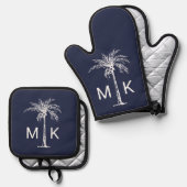 Modern Blue White Tropical Palm Tree Monogram Ofenhandschuh & Topflappen-Set (Vorderseite/Rückseite)