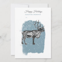 Modern Blue Winter Snow Vintage Christmas Reindeer