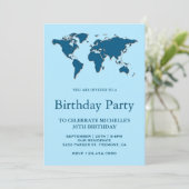 Modern Blue World Map Birthday Party Einladung (Stehend Vorderseite)