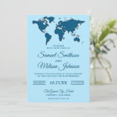 Modern Blue World Map Einladung zur Hochzeit (Stehend Vorderseite)