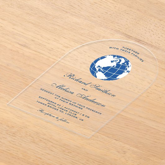 Modern Blue World Map Globe Wedding Acryleinladungen (Ablage )
