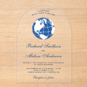 Modern Blue World Map Globe Wedding Acryleinladungen (Vorderseite)
