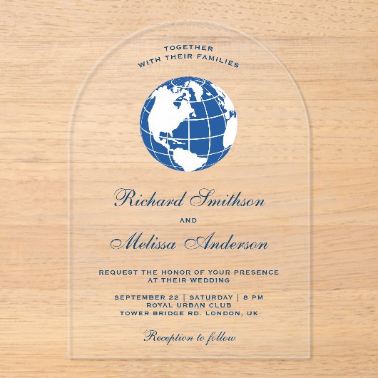 Modern Blue World Map Globe Wedding Acryleinladungen (Vorderseite)
