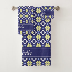 Modern Blue Yellow marokkanische Blumenmuster Name Badhandtuch Set