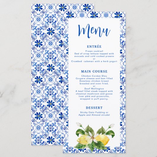Modern Blue Yellow Tile Lemon Menu Menükarte (Vorne/Hinten)