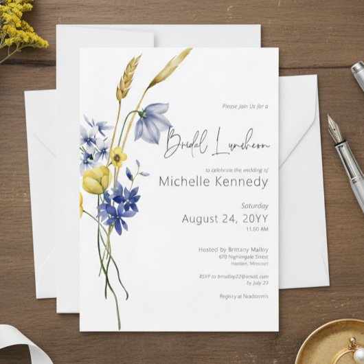 Modern Blue & Yellow Wildflowers Bridal Luncheon Einladung