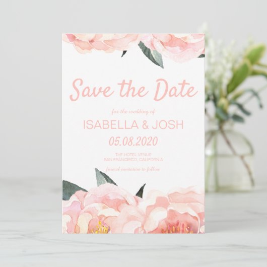 Modern Blumenpfirsiche Pink Peak Save the Date (Stehend Vorderseite)
