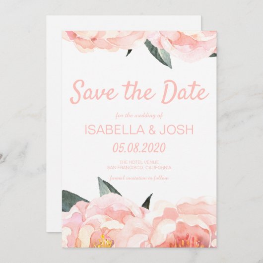 Modern Blumenpfirsiche Pink Peak Save the Date (Vorne/Hinten)