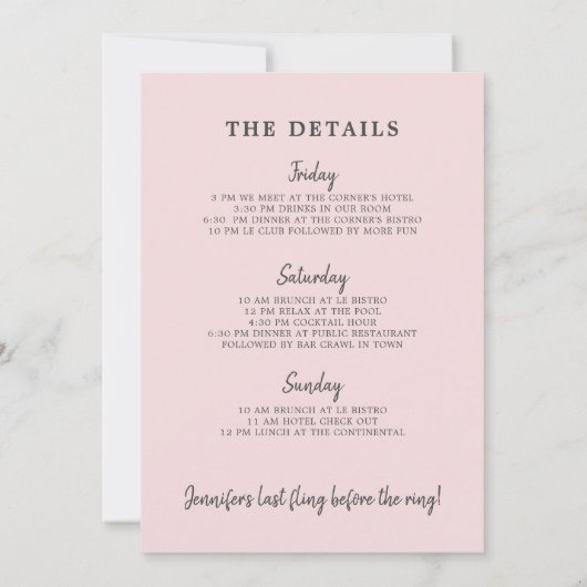 Modern Blush Bachelorette Wochenende Ausflug Einladung (Rückseite)