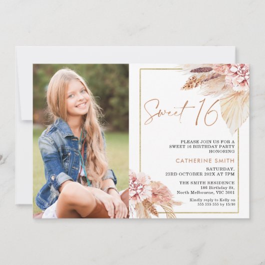 Modern Blush Boho Bloral Foto Sweet 16 Birthday Einladung (Vorderseite)