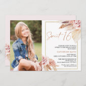 Modern Blush Boho Bloral Foto Sweet 16 Birthday Einladung (Vorne/Hinten)