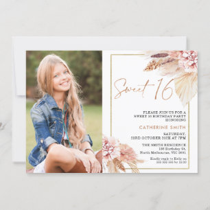Modern Blush Boho Bloral Foto Sweet 16 Birthday Einladung